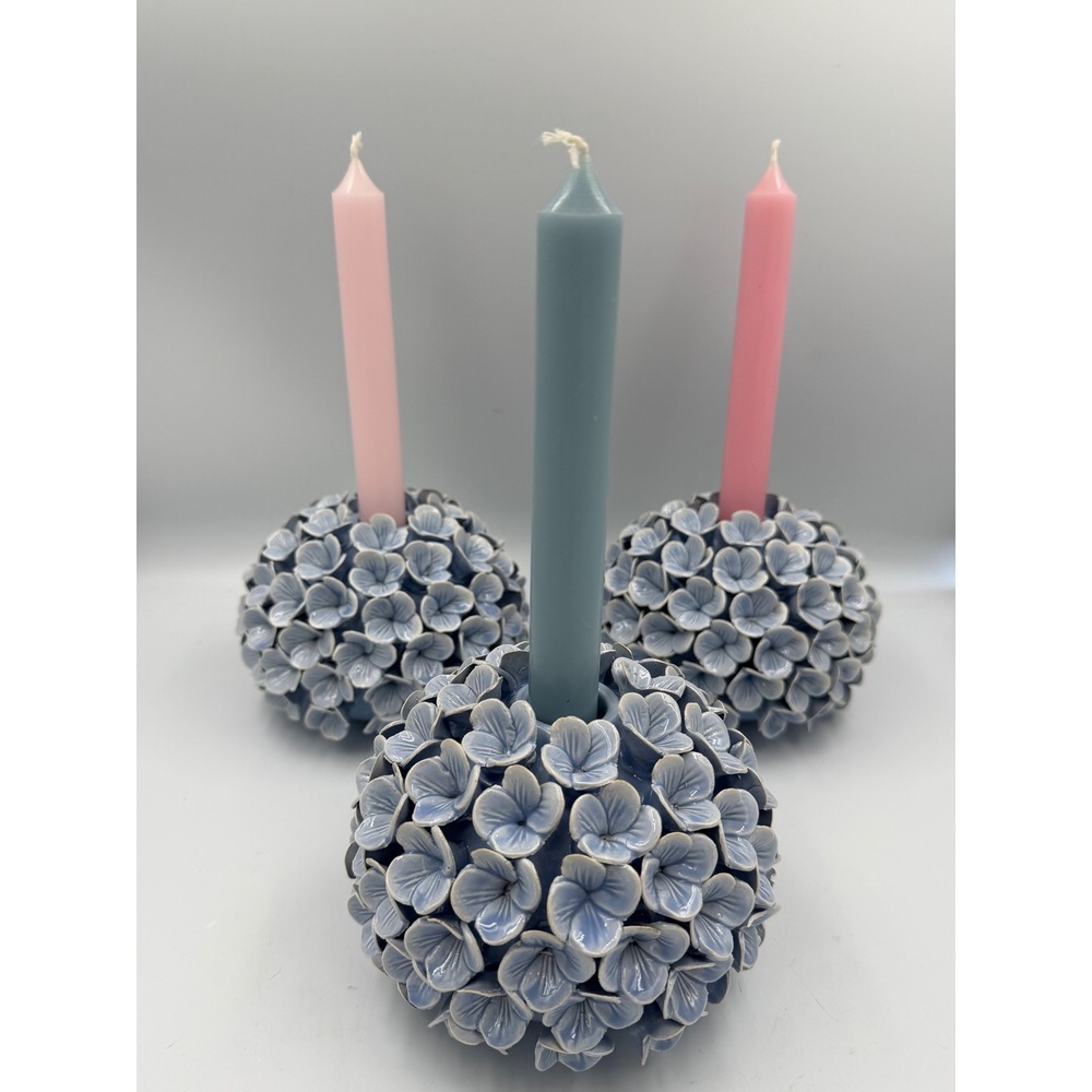 Set of 3 Two's Company Handcrafted Blue Porcelain Hydrangea Candle Holders/Vases - Picture 2 of 8